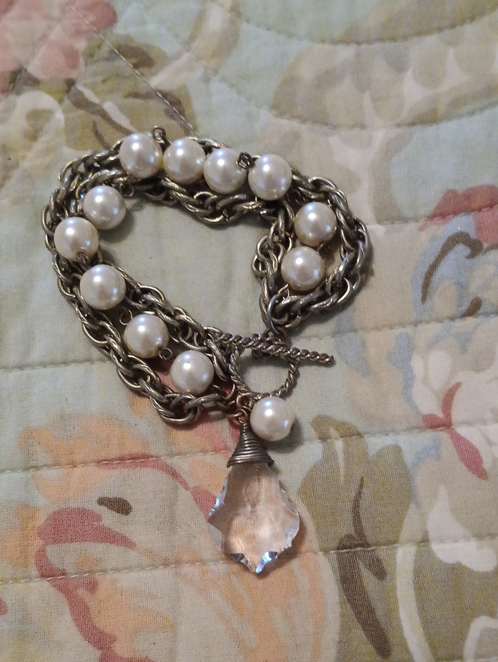Pearl & Crystal Pendant Multi-Chain Bracelet - White Vintage